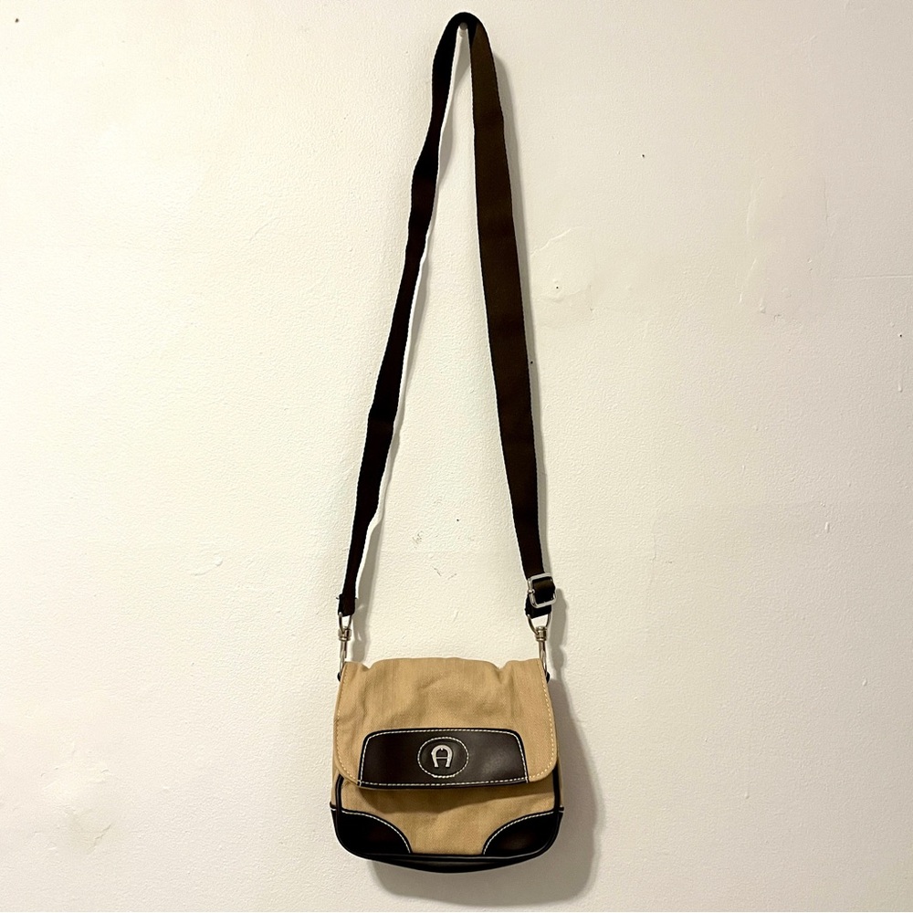 etienne aigner summer crossbody tan brown leather canvas purse bag
